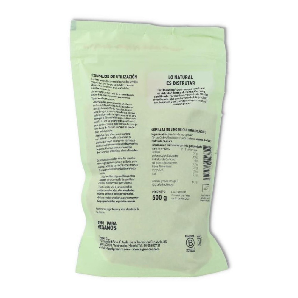 SEMILLAS DE LINO DORADO eco  500 gr GRANERO INTEGR