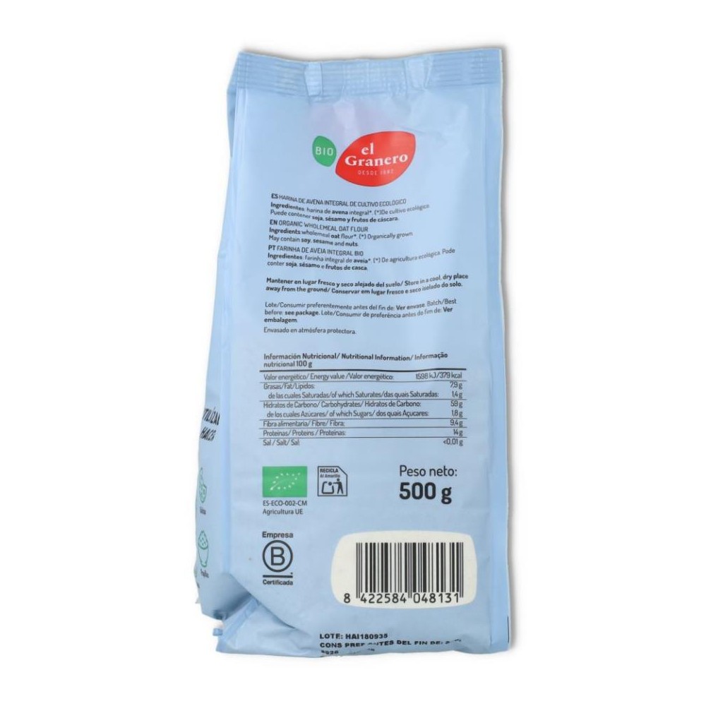 Harina Avena Bio 500 gr El Granero