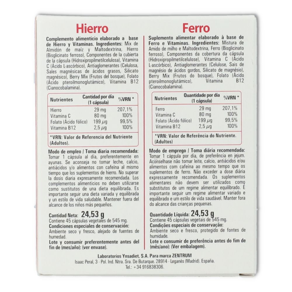 Zentrum Hierro 45 cápsulas Ynsadiet