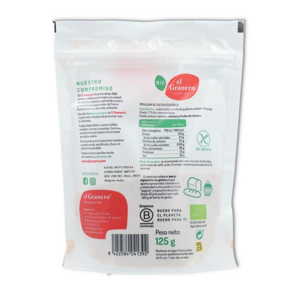 Psyllium Sin Gluten Bio 125 gr El Granero