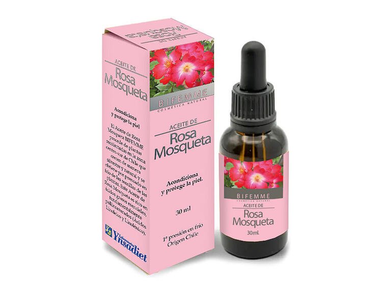 Aceite de Rosa Mosqueta de 30 ml en frasco con gotero y caja rosa de Bifemme, textura floral.