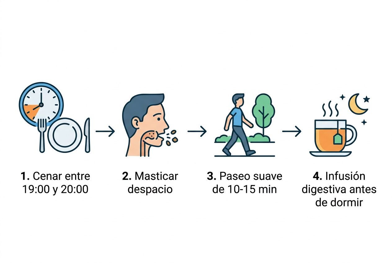 Alimentos digestivos para cenar: indicaciones visuales de cenar entre 19:00 y 20:00, masticar despacio, paseo suave de 10–15 minutos y una infusión digestiva antes de dormir.