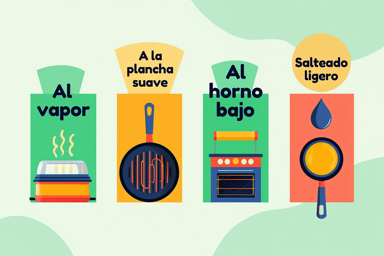 Cuatro métodos de cocción para cenar: al vapor, a la plancha suave, al horno bajo y salteado ligero.