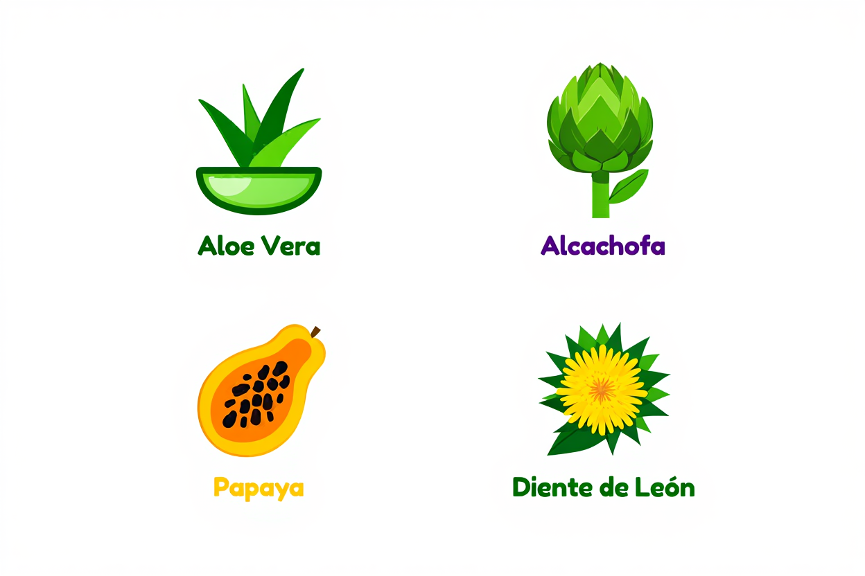 Variedad de plantas medicinales para desinflamar el estómago: aloe vera, alcachofa, papaya y diente de león.